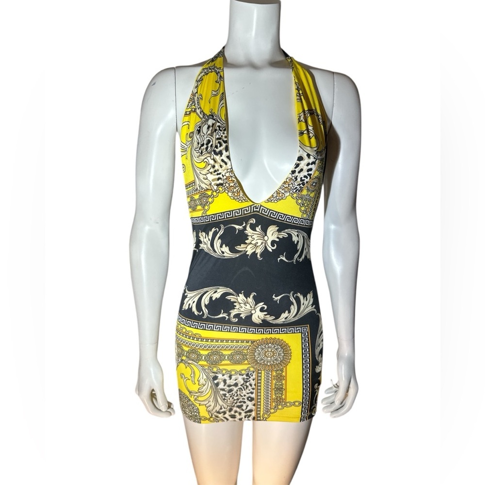 Fashion Nova Yellow and Black Patterned Halter Dress